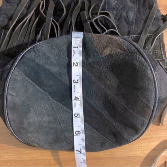 Vintage Leather Patchwork Black Brown Colour Block Bucket Bag Purse With Fringe - Picture 11 of 12